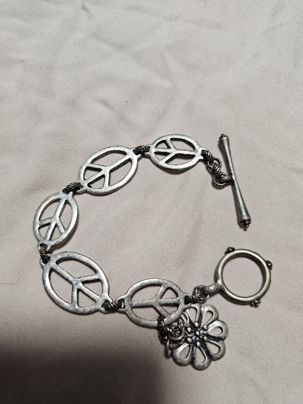 Silver Peace Sign Bracelet with Flower Charm - Women Jewelry